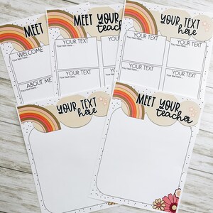 May include: Printable meet the teacher template with a rainbow and stars design. The template has sections for "Welcome", "About Me", "Your Text Here", and "Meet Your Teacher".