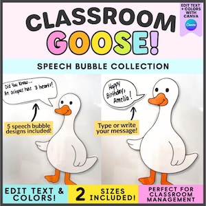 Op de afbeelding: Een digitale afbeelding met de titel CLASSROOM GOOSE! SPEECH BUBBLE COLLECTION met twee witte ganzen met oranje snavels en poten. Elke gans heeft een tekstballon met tekst: Did You Know... An octopus has 3 hearts! en Happy Birthday, Amelia!