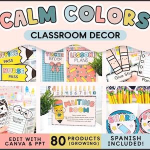 May include: A collection of classroom decor items featuring pastel-colored graphics of pencils, notebooks, and labels with text such as OFFICE PASS, NURSE PASS, TEACHER BINDER, LESSON PLANS, WAITING ROOM, SHARP, and DULL, designed for editing in Canva and PPT.