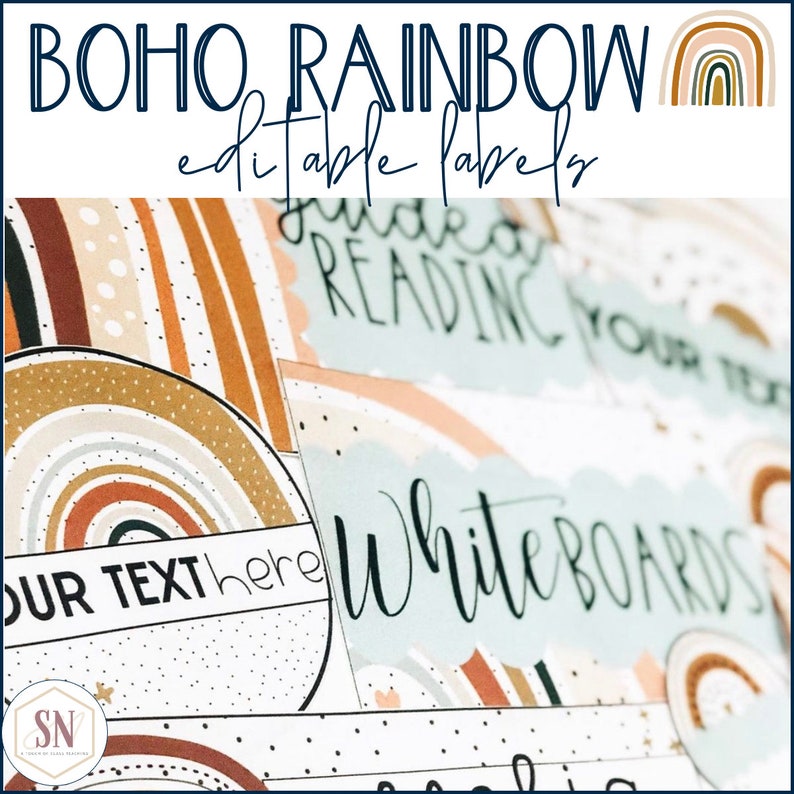 May include: Editable table labels with a boho rainbow design. The labels feature a rainbow with brown, orange, and peach colors. The text "OUR TEXT here" is on one label. Other labels include the text "GUIDED READING" and "WHITEBOARDS".