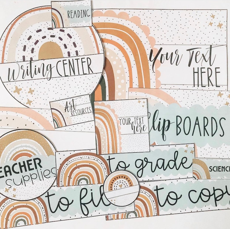 May include: A set of printable classroom decor featuring rainbow arches in brown, beige, and white with black outlines. The text "Writing Center", "Art Resources", "Your Text Here", "Clip Boards", "Teacher Supplies", "To Grade", "To Fill", and "To Copy" are included.