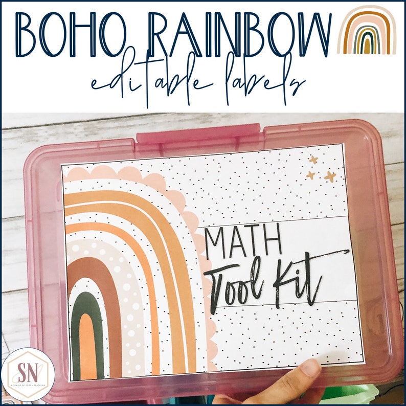 May include: A pink plastic storage bin with a white label that says "MATH Tool Kit". The label has a colorful rainbow design with a white polka dot background.