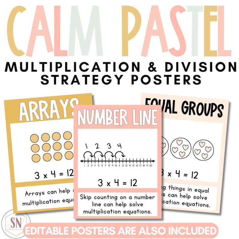 Calm Pastel Classroom Decor | Multiplication & Division Strategy Posters | Editable | *NEW image 1