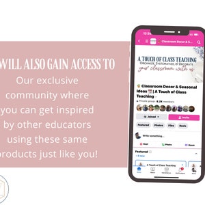 May include: A screenshot of a mobile phone displaying a social media group called "Classroom Decor & Seasonal Ideas | A Touch of Class Teaching". The group has 8.2K members and features posts, photos, files, and reels. The text "A Touch of Class Teaching" is also visible in the image.
