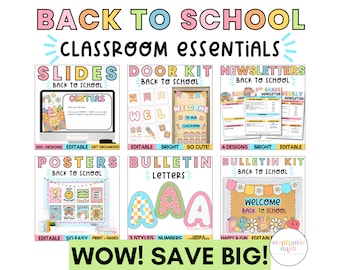 May include: A colorful digital download bundle for teachers featuring classroom essentials such as slides, door kits, newsletters, posters, bulletin letters, and bulletin kits. The bundle includes editable and printable resources with a back to school theme.