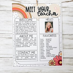 May include: Meet Your Teacher welcome card with a rainbow, stars, and a floral border. The card includes information about the teacher, including their name, location, and favorite things. The card also includes contact information for the teacher.