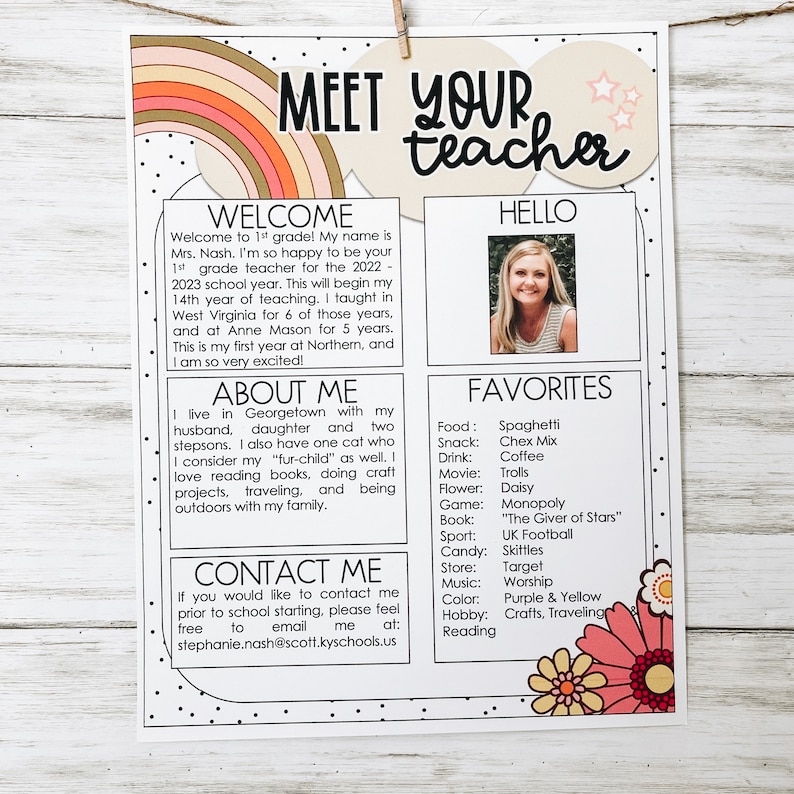 May include: Meet Your Teacher welcome card with a rainbow, stars, and a floral border. The card includes information about the teacher, including their name, location, and favorite things. The card also includes contact information for the teacher.