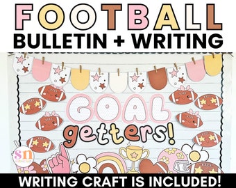 May include: A bulletin board decorated with a football theme. The board has a banner with pink, brown, and yellow pennants with white stars. The words "GOAL GETTERS!" are written in pink, white, and brown letters. The board also has a variety of football-themed decorations, including footballs with faces, a trophy, and flowers. The text "WRITING CRAFT IS INCLUDED!" is at the bottom of the board.