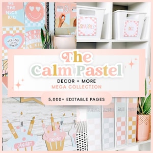 Paquete de decoración para el aula en tonos pastel relajantes editables / ¡Paquete de decoración para el aula definitivo! ¡Más de 5000 páginas! Decoración moderna para el aula / Retro / Relajante