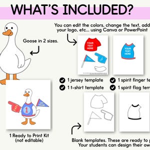 May include: A digital print kit with a cartoon goose, jersey, t-shirt, spirit finger, and flag templates. The text reads "WHAT'S INCLUDED?" and "Ready to Print Kit". The templates are editable in Canva or PowerPoint.
