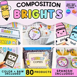 May include: A digital classroom decor set titled Composition Brights featuring colorful pencil and crayon graphics with cute faces. Includes name tags, table signs, labels for weekly copies, and pencil holders with text like Table 7, Dull, and Sharp.