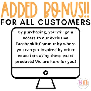 K&ouml;nnte beinhalten: Ein Computerbildschirm mit wei&szlig;em Hintergrund und schwarzem Text, der lautet: "Durch den Kauf erhalten Sie Zugang zu unserer exklusiven Facebook&reg; Community, in der Sie sich von anderen P&auml;dagogen inspirieren lassen k&ouml;nnen, die diese Produkte verwenden! Wir sind f&uuml;r Sie da!" Der Text ist in Schwarz mit wei&szlig;em Rand. Der Computerbildschirm ist schwarz umrandet und hat einen wei&szlig;en Kreis in der Mitte des Bildschirms. Der Computerbildschirm befindet sich auf einem wei&szlig;en Hintergrund. Der Text "ADDED BONUS!! FOR ALL CUSTOMERS" ist in orange mit schwarzem Rand und befindet sich &uuml;ber dem Computerbildschirm.