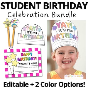 Kit de aniversário para sala de aula | Coroa de aniversário para sala de aula | Coroa de aniversário | Cartão de feliz aniversário Certificado de feliz aniversário + Toppers de lápis
