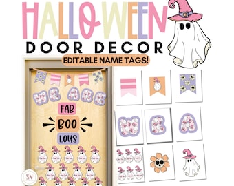 May include: Halloween door decor with a pink, purple, and yellow "HALLOWEEN DOOR DECOR" title. The decor includes a banner with the words "WE ARE FAB BOO LOUS" and a ghost with a witch hat. There are also several smaller ghost and flower decorations.