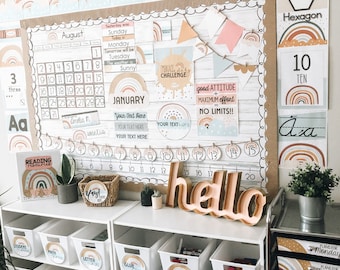 Decoración de aula con arcoíris bohemio / Paquete de decoración de arcoíris neutro (¡con más de 3000 páginas!) / Ideas para el aula / Decoración de aula bohemia