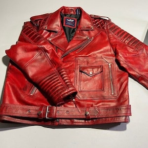New Men's Red Genuine Lambskin Leather Cafe Racer Jacket, Men's Red Distressed Leather Quilted Slim Fit Bikers Jacket, Personalized Gift