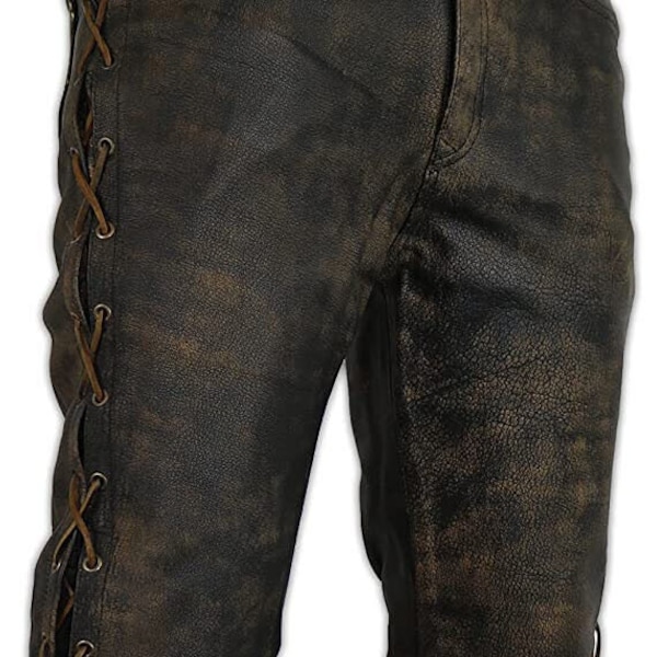 Men's Brown Wax Leather Side Laces Cafe Racer Pant, Men Brown Distressed Leather Stylish Biker Pant, Club Pants, Party Pants, Boyfriend Gift