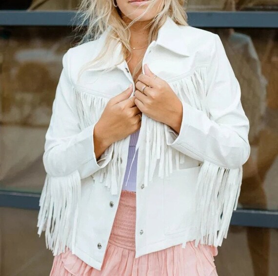 Women's White Lambskin Leather Western Style Fringe Jacket