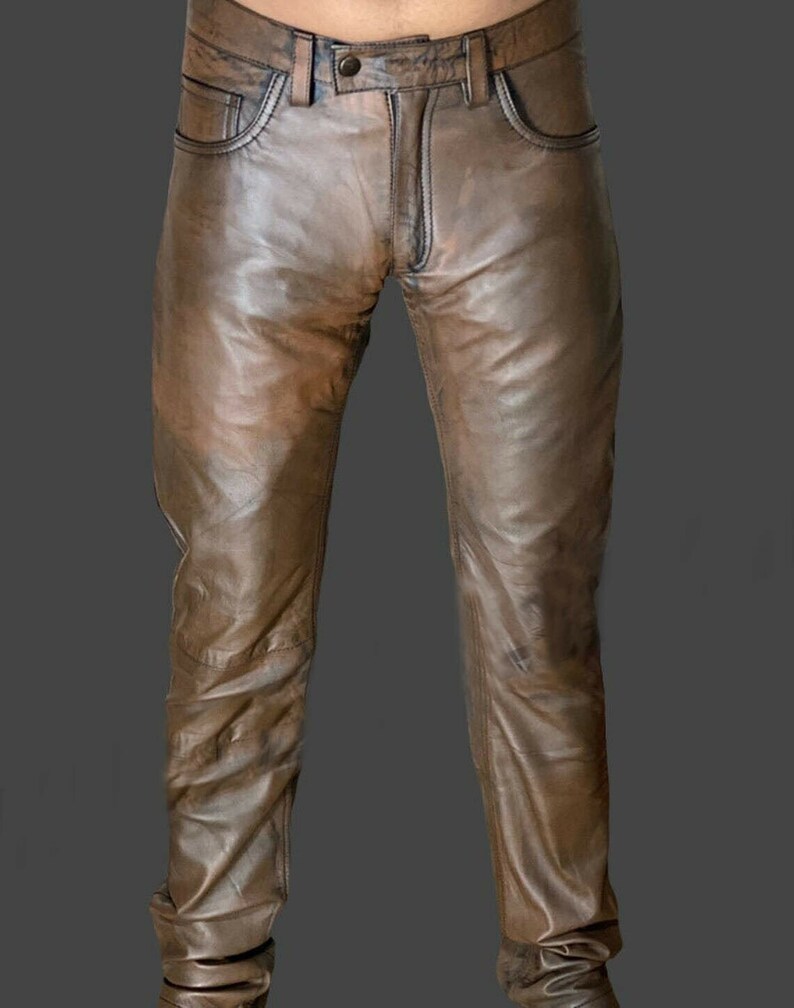Men Chocolate Brown Distressed Leather Biker Pant Men's Etsy