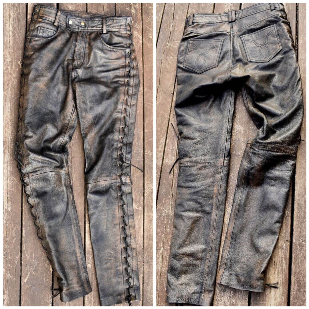 Men's Full Grain Real Leather Pants – Brown, 5-Pocket, Side Laces, Adjustable Waist – AK MANI USA