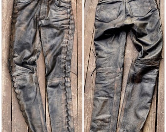 Men Brown Distressed Leather Biker Pants, Men's Brown Adjustable Side Laces Leather Pant, Men Leather Trousers, Men Leather Pants