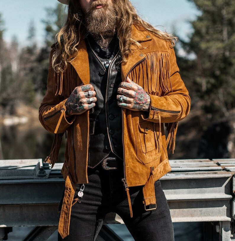 Nylon Apparel - 81201-Western Faux Suede Cowboy Fringed Jacket: S / Brown