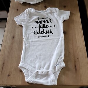 Mama's little sidekick short sleeve onesie heart arrow design size 24 months new mom first time mom first birthday mini me mamas girl boy