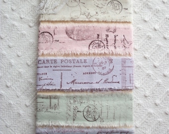 Hand Stamped French Fabric Ribbon Strips, Shabby Chic Style, 5+ Yards