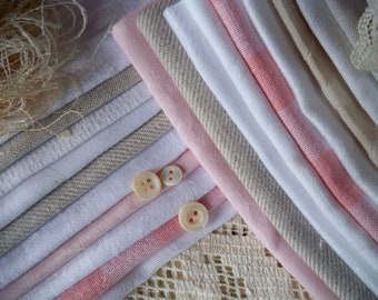 Vintage Linen Fabric Bundle, Strawberries and Cream Colors, Slow Stitch