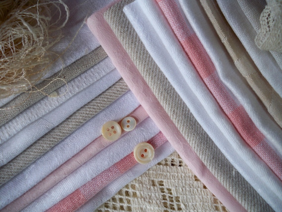 Vintage Linen Fabric Bundle, Strawberries and Cream Colors, Slow Stitch