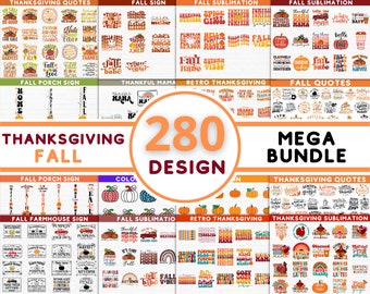 Puede incluir: Una colección de 280 diseños con temática otoñal, que incluyen citas, letreros y gráficos de sublimación. Los diseños presentan calabazas, hojas de otoño y texto festivo. La imagen es un mega paquete de arte digital para varios proyectos de manualidades.