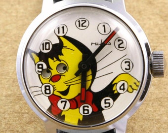 Montre mécanique pour enfants Ruhla Cat Moving Eyes à remontage manuel 29 mm fabriquée en Allemagne de l'Est