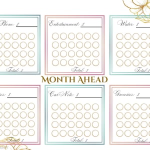 May include: A printable budget tracker with a floral design. The tracker has six sections for tracking expenses: Cell Phone, Entertainment, Water, Utilities, Car Note, and Groceries. Each section has a space to write in the total amount spent and 30 circles to track daily spending.