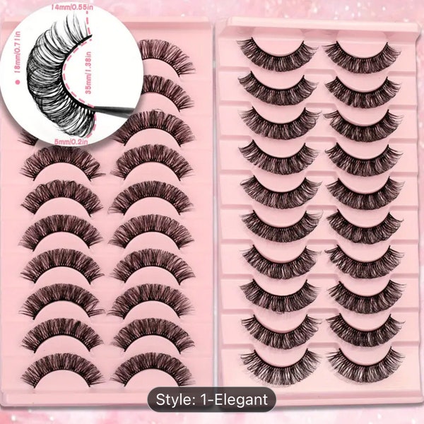 10 Pairs False Eyelashes, DD Curling Faux Mink Strip Lashes, Thick Natural Volume Grafting Eyelashes