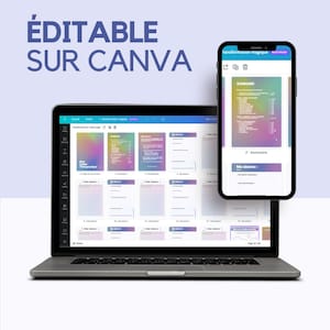 以下が含まれることがあります： Canvaのデザインテンプレートが表示されたラップトップの画面。カラフルなグラデーションの背景に、「Transformation Magique」と「Nouveau」のテキストが表示されています。画面には、「Sommaire」と「Ma Silence」のテキストが書かれた表も表示されています。ラップトップの隣には、Canvaのデザインテンプレートも表示されたスマートフォンがあります。