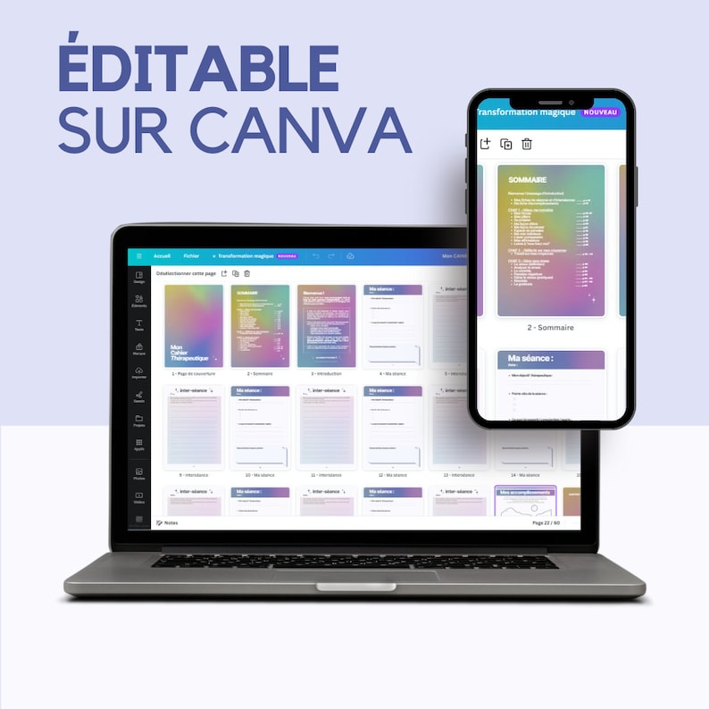以下が含まれることがあります： Canvaのデザインテンプレートが表示されたラップトップの画面。カラフルなグラデーションの背景に、「Transformation Magique」と「Nouveau」のテキストが表示されています。画面には、「Sommaire」と「Ma Silence」のテキストが書かれた表も表示されています。ラップトップの隣には、Canvaのデザインテンプレートも表示されたスマートフォンがあります。