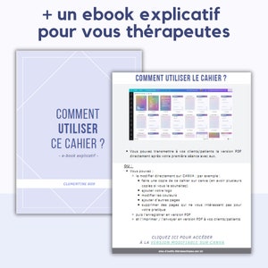以下が含まれることがあります： カバーに「Comment Utiliser Ce Cahier?」と「e-book explicatif」のテキストが書かれた、紫と白のデジタルプランナー。カバーには「Clementine Bor」のテキストも書かれています。画像は、コンピューター画面に表示されたプランナーのスクリーンショットで、「Comment Utiliser Le Cahier?」のテキストと、プランナーの使い方に関する説明が表示されています。