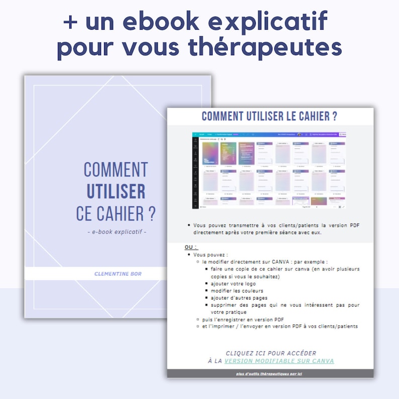 以下が含まれることがあります： カバーに「Comment Utiliser Ce Cahier?」と「e-book explicatif」のテキストが書かれた、紫と白のデジタルプランナー。カバーには「Clementine Bor」のテキストも書かれています。画像は、コンピューター画面に表示されたプランナーのスクリーンショットで、「Comment Utiliser Le Cahier?」のテキストと、プランナーの使い方に関する説明が表示されています。