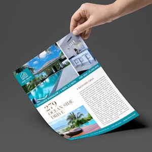 Peut inclure: Une brochure immobilière pour un bungalow indépendant avec une piscine et un oasis dans la cour. La brochure présente des photos de la maison et de ses commodités, ainsi que des informations sur la propriété, y compris l'adresse, le prix et le nombre de chambres et de salles de bain. La brochure comprend également le texte "279 Ocean Side Drive" et "À vendre 1 236 000 €".