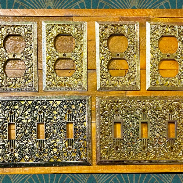 Brass Three Switch Cover & Decorative Wall Plates - Filigree - Vintage 1960s - Floral Design Single Outlet Covers and Triple Switch Plates