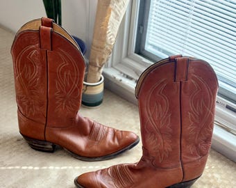 Botas vaqueras vintage Justin de cuero marrón, pátina desgastada, talla 11.5 D