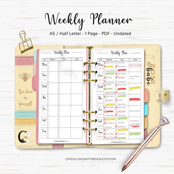 Weekly Undated Planner Printable Refill Digital Download A5 Etsy