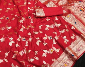 Heavy Banarasi Silk Saree: Meenakari Gold Zari Weaving