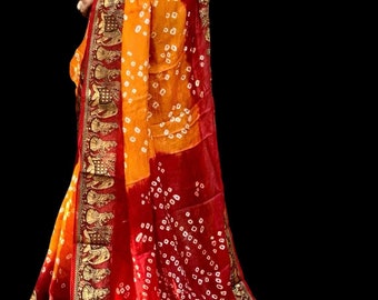 Vintage Art Silk Bandhani Saree: Handmade Tie-Dye Sari
