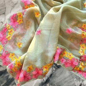 Pure Georgette Silk Saree,Floral Embroidery Work Cutwork Border Saree,Indian Wedding Designer Saree,Party Wear & Bollywood Sarees