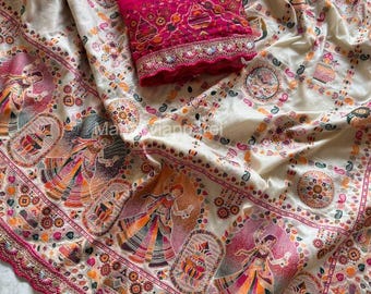 Rajwadi Patola Pashmina Silk Saree, Kashmiri Thread Pallu, Hand-Dyed Bridal Saree