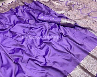 Saree van zachte zijde, galaweefsel, zari-rand, kwastjes, sari feestkleding
