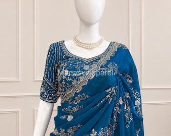 Designer Fendy Silk Saree,Beads & Sequence Work,Matching Fendy Silk Saree With Blouse,Wedding Wear, Party Wear