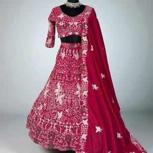Rani Pink Georgette Lehenga Choli: Indian Bridal Dress with Sequins