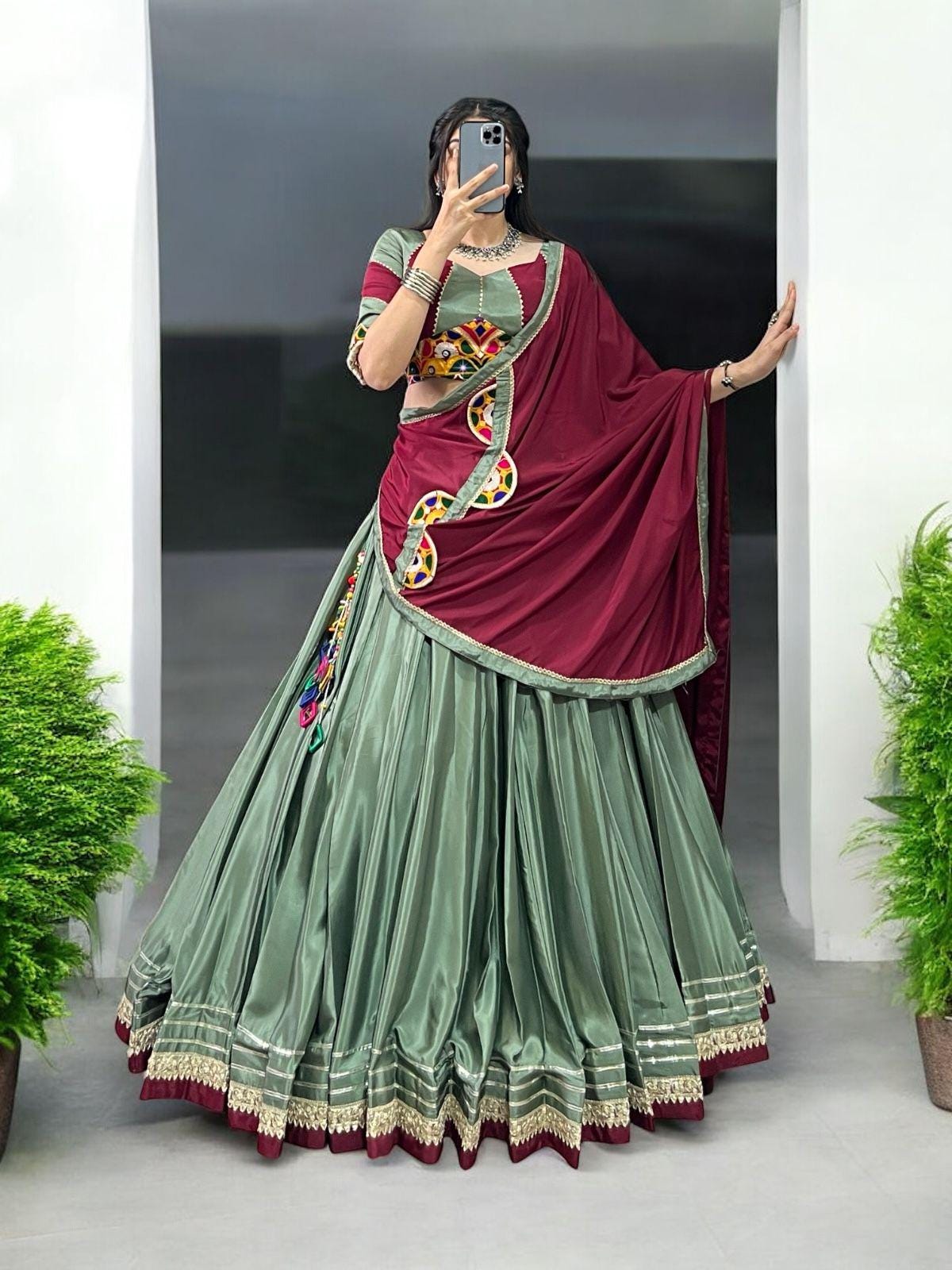 Navratri Chaniya Choli: Silk Crepe Lehenga Set, Mirror & Gamthi Work